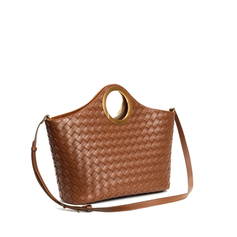 Woven Genuine Leather Handbag Large Capacity Tote Inner Pouch Metal Ring Handle Retro Shoulder Crossbody Bag For Women