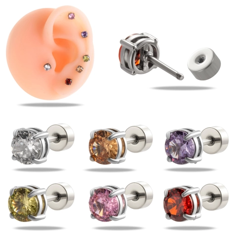 Orecchino A Lobo Per Cartilagine Con Zircone Rotondo Acciaio Inossidabile Piercing Helix Colorato Con Chiusura A Vite Gioielli