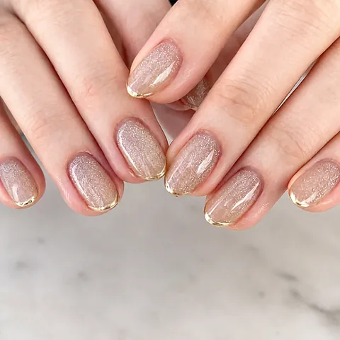 Press On Nails French Gold Edge Nude Pink Glitter Shimmer Oval Short Elegant Simple Artificial False Fingernails For Women