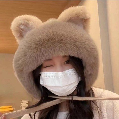 Plush Earflap Hat Faux Fur Animal Ear Knitted Winter Warm Windproof Cute Women Outerwear