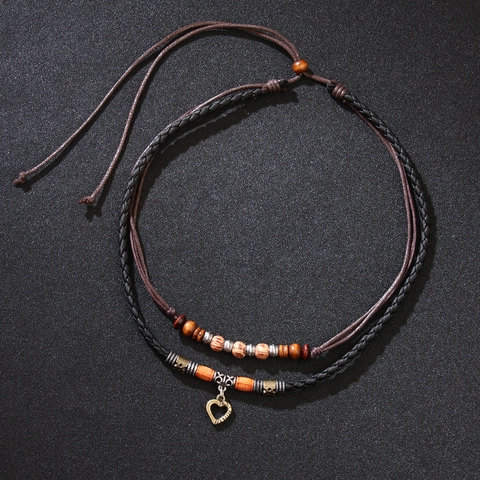 Collana A Doppio Strato Con Pendente A Cuore In Lega E Perle Di Legno Retro Bohemien Corda In Pelle Intrecciata Gioielli Da Uomo