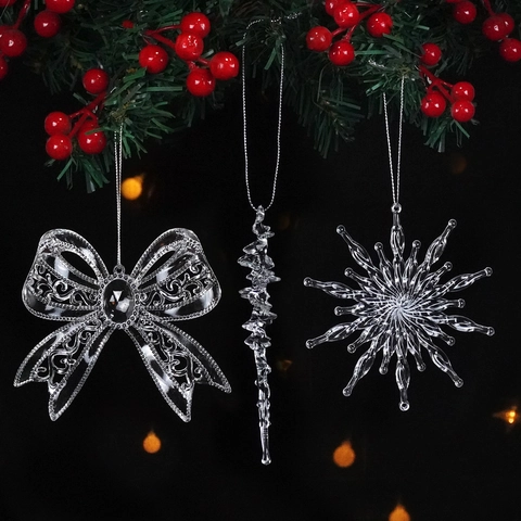 Clear Acrylic Christmas Tree Ornaments Hanging Pendants Snowflake Bow Icicle Design Festive Holiday Winter Home Decor