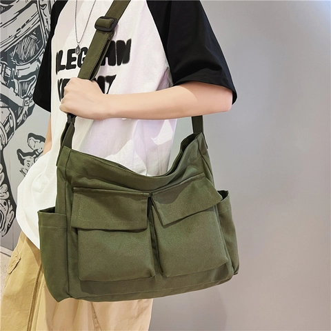 Canvas Messenger Bag Grote Capaciteit Multi Pocket Verstelbare Brede Riem Casual Schoudertas School Reizen Workwear Stijl