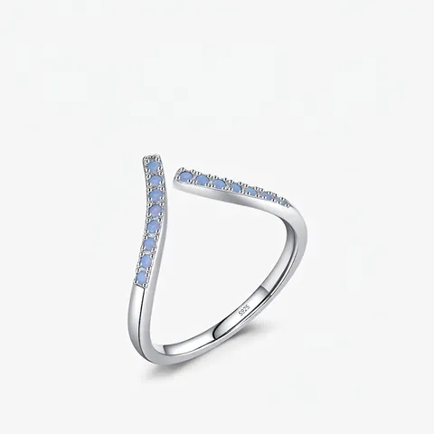 925 Sterling Silber Ring Für Damen Minimalistisch V-Förmig Verstellbar Offen Blau Zirkonia Micro-Inset Koreanischer Stil