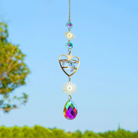 Crystal Suncatcher Hanging Ornament Colorful Faux Crystal Prism Rainbow Maker Heart Sun Design For Window Garden Decor