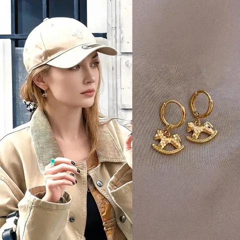 Pendientes De Colgante De Caballo De Balancín Estilo Chino Vintage Con Poste De Plata Y Zircón Joyería De Cobre