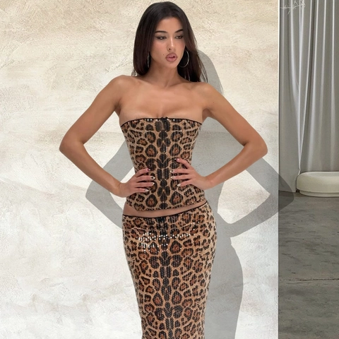 Top Senza Spalline Con Paillettes Maculato E Gonna Midi Bodycon Completo Sexy Elegante Da Club Per Donna
