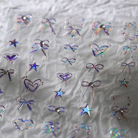 3D Nagelkunst Aufkleber Holografische Selbstklebende Dekore Schleife Herz Stern Für DIY Maniküre