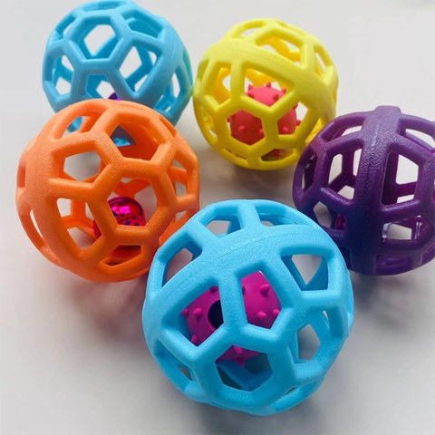 Interactive Pet Ball Toy TPR Rubber Hollow Honeycomb Lattice Dog Chew Ball With Bell Feather Catnip For Training