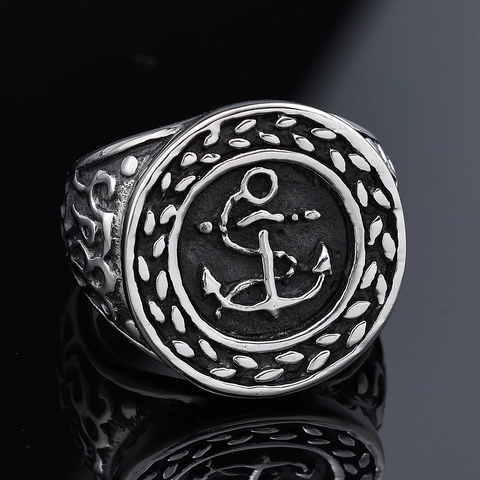 Anillo De Sello De Ancla Vintage Acero Inoxidable Hombres Náutico Marinero Estilo Punk Rock Joyería Retro Pulida