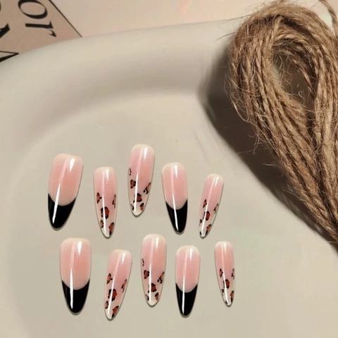 Stiletto Press On Nails Long French Black Leopard Print Nude Pink Plastic Artificial False Fingernails For Women Elegant