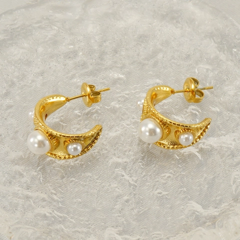 Orecchini A Cerchio A Forma Di C Da Donna Acciaio Inossidabile Placcato Oro 18K Retro Francese Texture Martellata