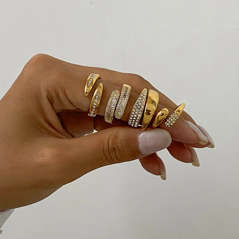 Women 18K Gold Plated Stainless Steel Asymmetric Open Ring Adjustable Fashion Rhinestone Inlaid Geometric Finger Ring Jewelry