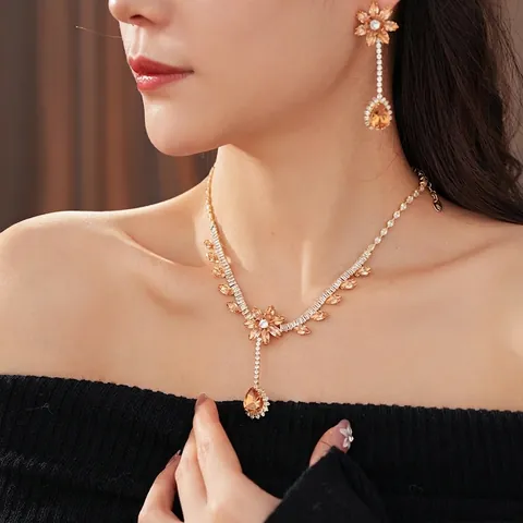 Collier Et Boucles D'oreilles Fleur Zircon Goutte D'eau Cuivre Style Cour Vintage Bijoux De Mariage Pour Femmes