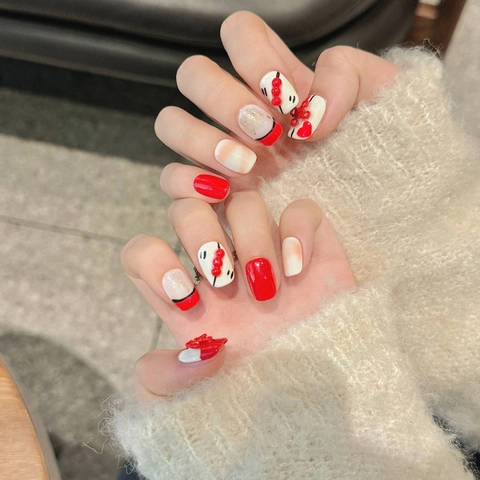Handmade Press On Nails Chinese New Year Style 3D Festive Knot Red White Gold Foil Elegant Cute Fake Nails For Women