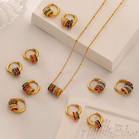 Vintage Colorful Enamel Hoop Earrings For Women Retro Matte Gold Copper Necklace With Multiple Color Round Rings Fashion Jewelry