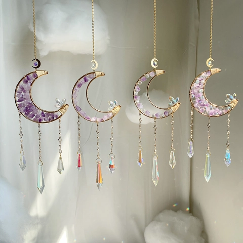 Moon Crystal Suncatcher Amethyst Hanging Ornament Metal Wire Handmade Rainbow Maker Garden Window Decor Bohemian