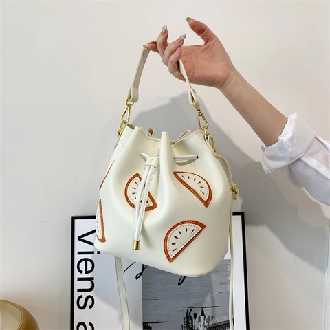 Borsa Secchiello Donna Pelle PU Patchwork Frutta Coulisse Moda Tracolla Borsa Spalla Versatile
