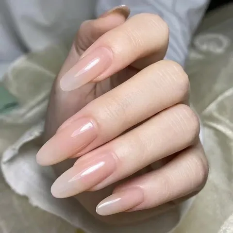 Handmade Glossy Nude Pink Gradient Press On Nails Jelly Texture Long Coffin Almond Shape Artificial Fake Nails For Women