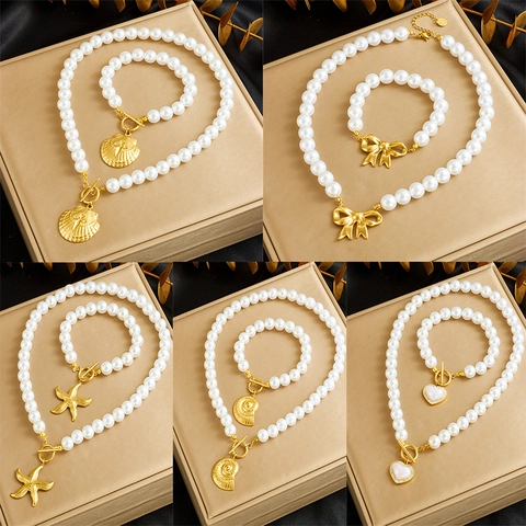 Faux Artificial Pearl Necklace And Bracelet Stainless Steel Gold Plated Shell Starfish Bow Heart Pendant OT Buckle Jewelry Women