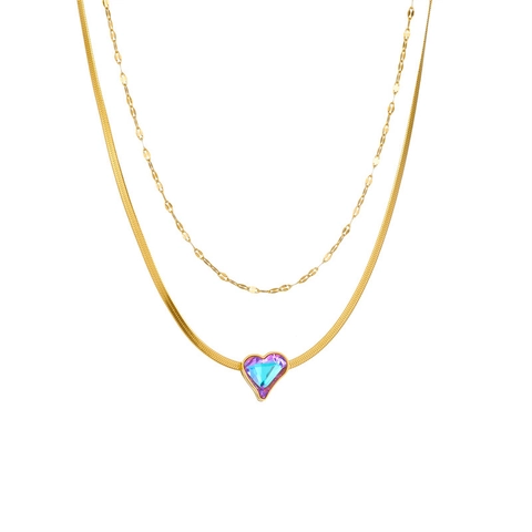 Double Layer Heart Pendant Necklace Gradient Purple Blue Crystal Stainless Steel Snake Box Chain Jewelry For Women