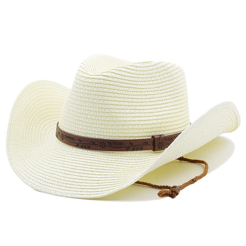 Western Cowboy Straw Hat For Men Women Wide Brim Summer Sun Hat With Embossed Leather Band Adjustable Chin Strap
