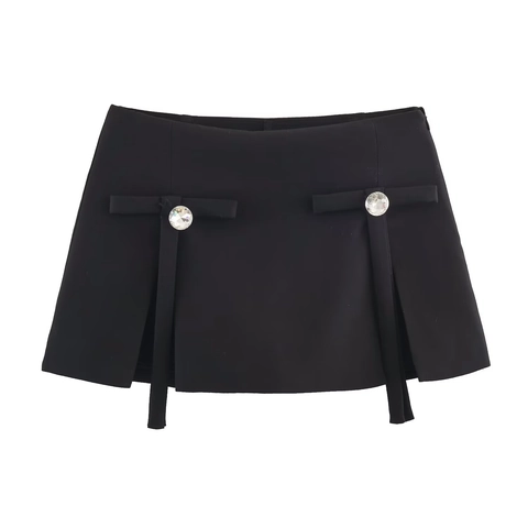 Women High Waist Mini Skort With Rhinestone Buckle And Streamer Ribbon Solid Color Polyester Streetwear Sexy