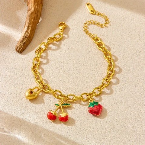 Pulsera De Acero Inoxidable Chapada En Oro Con Colgantes De Esmalte Cereza Fresa Corazón Candado Joyería De Frutas Para Mujeres