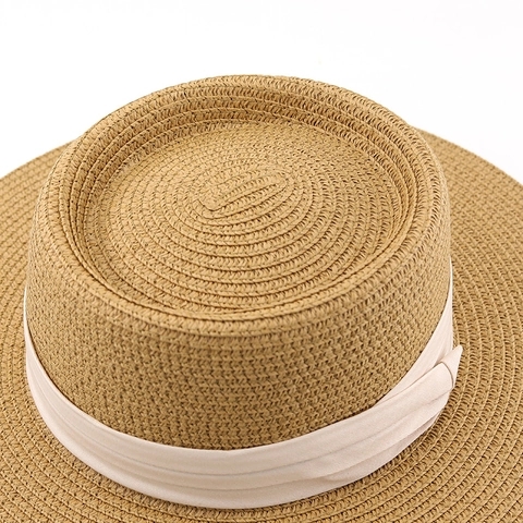Cappello Di Paglia Boater Da Donna Cupola Piatta Tesa Larga Spiaggia Estate Viaggio Elegante Retro Nastro
