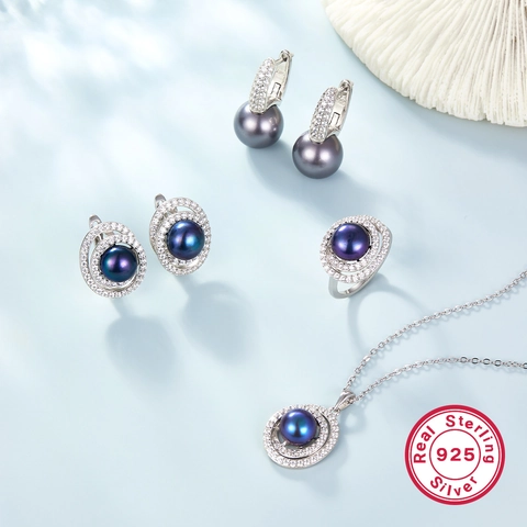Vintage 925 Sterling Zilver Kunstparel Sieradenset Elegant Strass Ketting Oorbellen Ring Voor Dames Banket Bruiloft Accessoires
