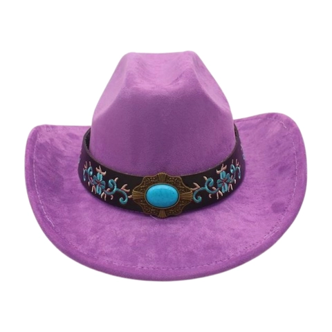Cappello Da Cowboy Occidentale Scamosciato Ricamo Floreale Etnico Pietra Turchese Tesa Larga Curva Stile Vintage Bohemian