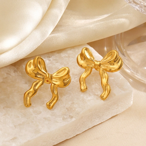 Bowknot Stud Earrings 18K Gold Plated Stainless Steel Ribbon Textured Minimalist Fashion Jewelry For Women