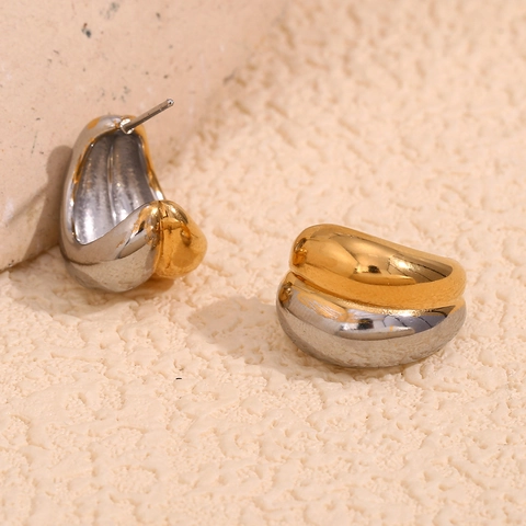 Orecchini A Lobo Acciaio Inossidabile Placcato Oro 18K Bicolore Geometrico Curvo Goccia Minimalista Lucido Donne