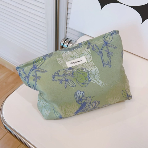 Borsa Per Trucco Jacquard Con Fiori E Uccelli Stile Vintage Organizzatore Cosmetico In Tessuto Cerniera Portatile