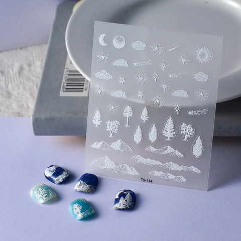 Pegatinas Para Uñas 5D Relieve Diseño Montaña Nevada Pino Estrella Luna Autoadhesivas Impermeables Decoración Mujeres