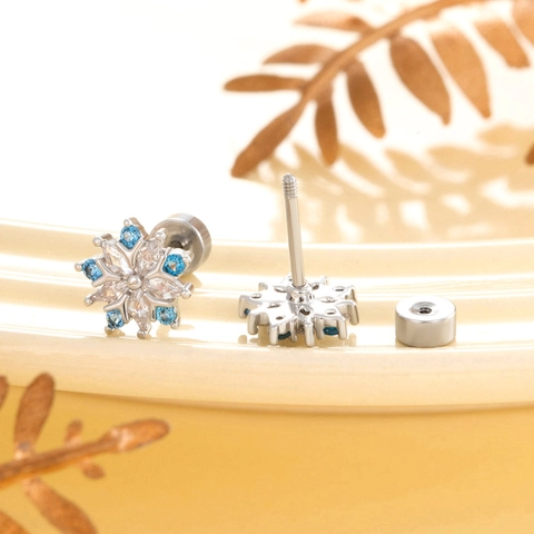 Snowflake Cartilage Stud Earrings Copper Blue White Zirconia With Titanium Steel Screw Post Delicate Women Jewelry