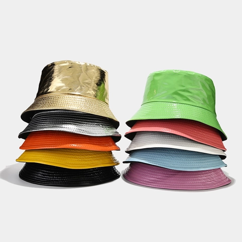 Chapeau Bob En Cuir PU Brillant Métallique Protection Solaire Pliable Imperméable Mode Streetwear Accessoire