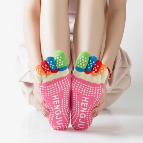Yoga Socken Damen Fünf Finger Split Anti Rutsch Baumwolle Atmungsaktiv Offener Zeh Pilates Fitness Bunt Regenbogen
