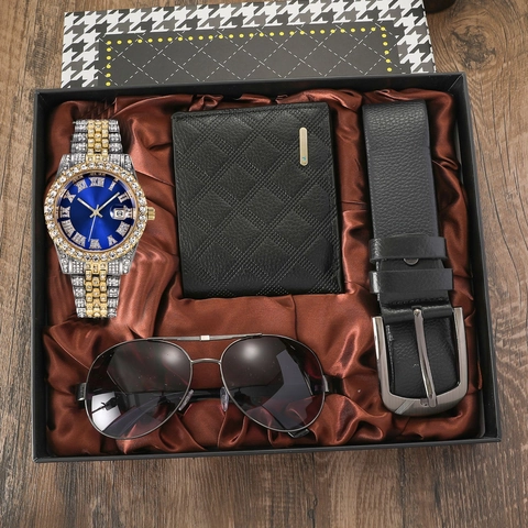 Luxury Men Gift Collection Quartz Watch Leather Wallet Belt Sunglasses Elegant Business Fashion Men Accessories Anniversary Gift
