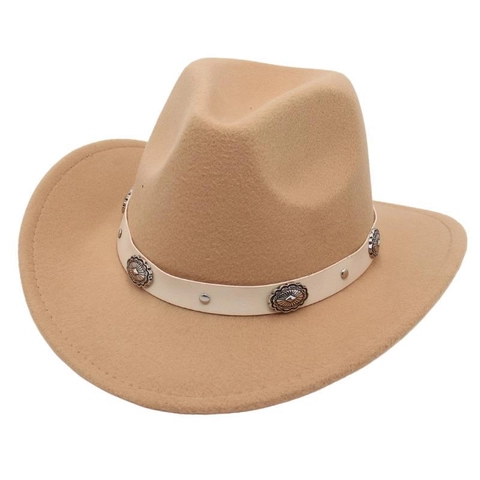 Western Cowboy Hat Wool Felt Wide Brim Vintage Fedora With Faux Leather Belt Metal Conchos For Women Men Sunshade