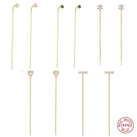 Orecchini a Filo in Argento Sterling S925 per Donna con Catena Lunga Zirconia Cuore Barra Nappina Minimalista Orecchini Pendenti