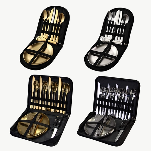 Portable Stainless Steel Tableware For Camping Picnic Outdoor Mirror Polished Forks Spoons Knives Plates Clips With Bag