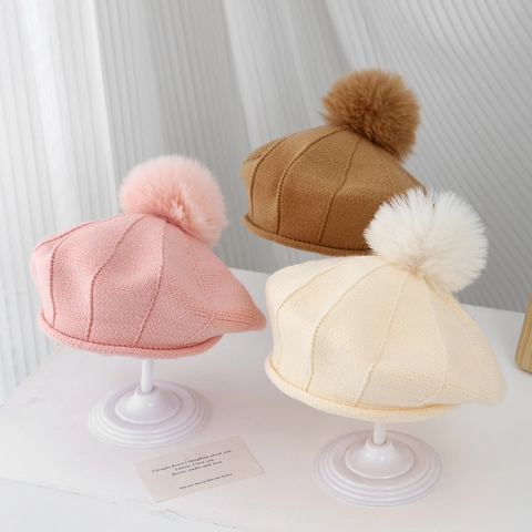 Boina De Punto Para Niñas Con Pompon De Piel Sintética Cálido Inviernos Color Sólido Acrílico Pintor Niños