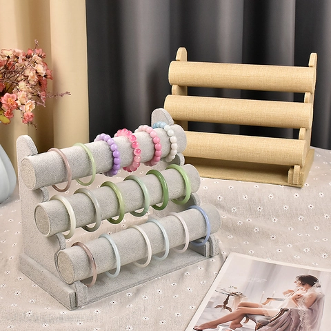 Velvet Bracelet Display Stand Tiered Jewelry Watch Holder Burlap T-Bar Organizer Rack For Shop Home Vanity Functional