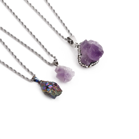 Collar Colgante Piedra Natural Amatista Cadena Cuerda Acero Inoxidable Cristal Irregular Joyería Para Mujeres