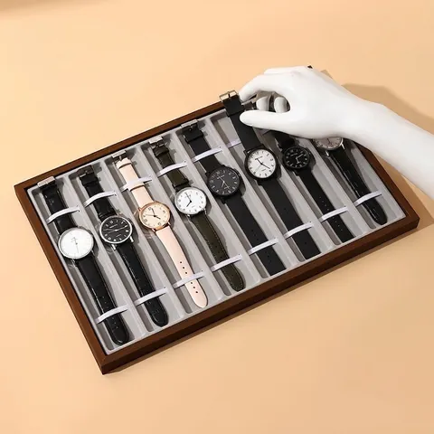Walnut Wood Grain Watch Display Tray Velvet Lining Compartment Storage Organizer For Wristwatches Straps Bracelets