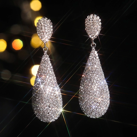 Luxurious Copper Rhinestone Water Drop Earrings For Women Long Dangle Elegant Wedding Party High End Dainty Jewelry Gift