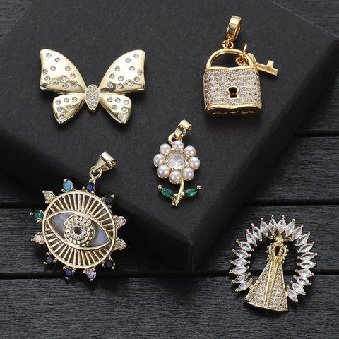 Pendentif En Cuivre Et Zircone Mauvais Œil Papillon Cœur Serrure Fleur Plaqué Or Accessoires De Création De Bijoux Pour Femmes