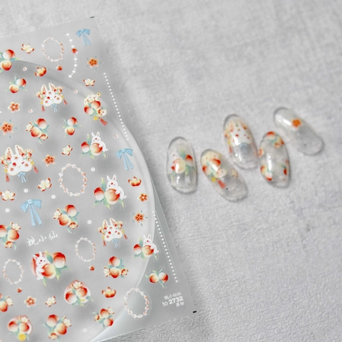 Cute Japanese Style Nail Art Stickers Thin Flexible Self Adhesive Cartoon Rabbit Peach Bow Floral Design Manicure Decor