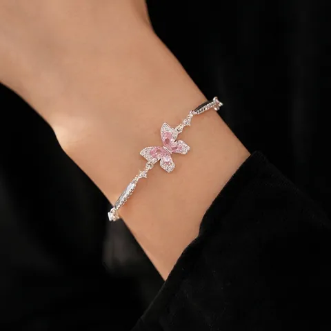 Butterfly Pendant Bracelet Copper Pink Zircon Inlaid Adjustable Dainty Sweet Jewelry For Women Fashion Accessory